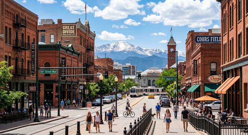 Denver LoDo neighborhood street with brick buildings and mountain backdrop
