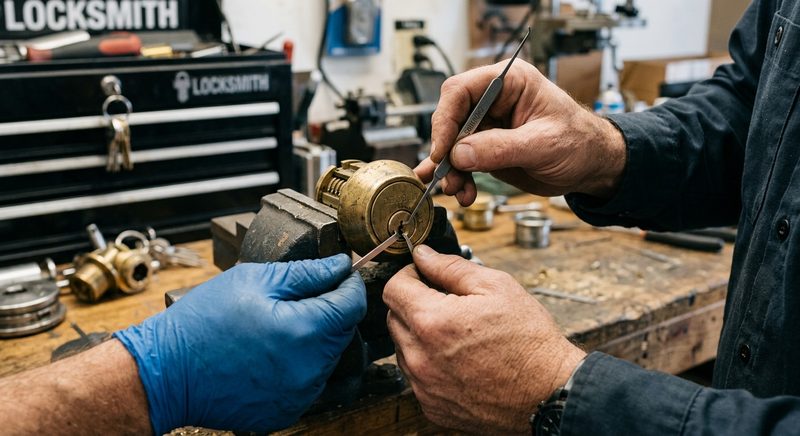 Locksmith tools and lock cylinder close-up, professional work