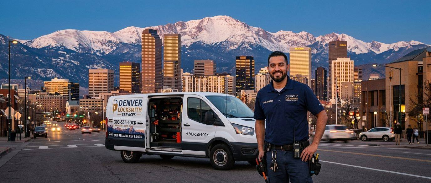 Locksmith technician with service van against Denver skyline and Rocky Mountains