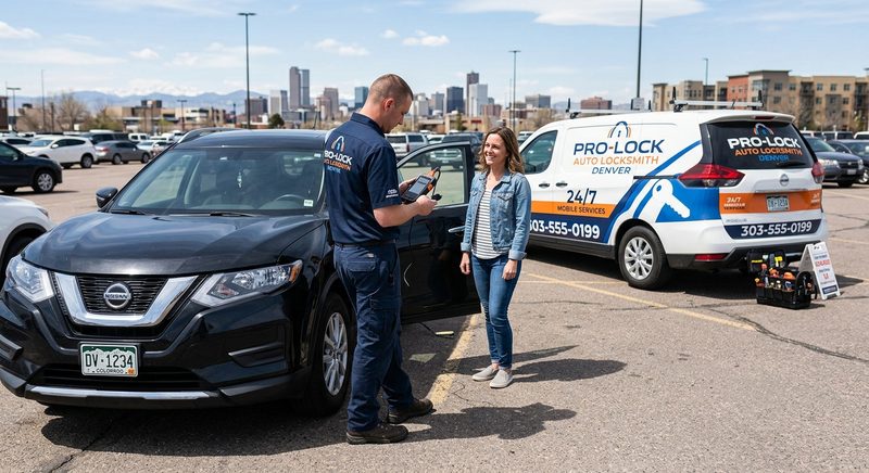 Automotive locksmith with key programmer beside customer vehicle in Denver