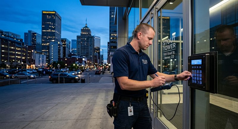 Commercial locksmith programming access control panel at Denver office building