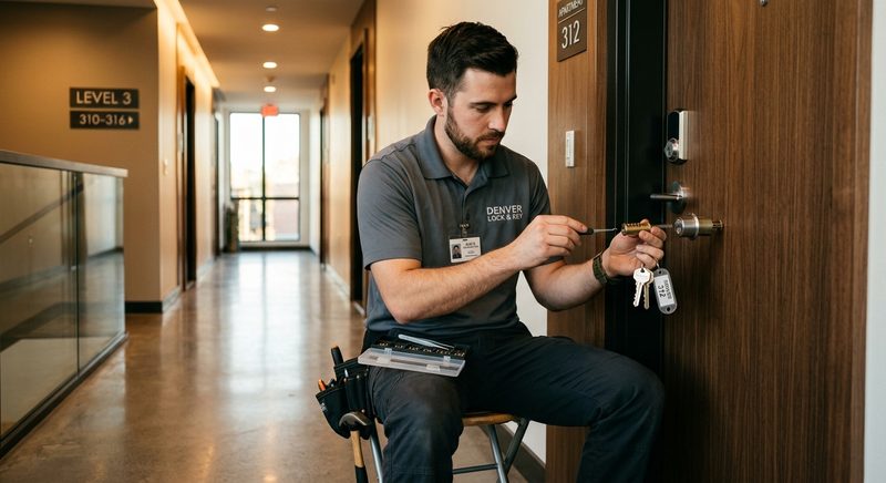 Locksmith rekeying door lock cylinder at Denver apartment, holding new key set