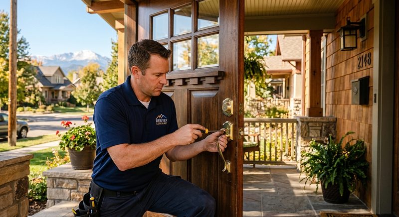 Locksmith installing deadbolt at Denver craftsman home front door